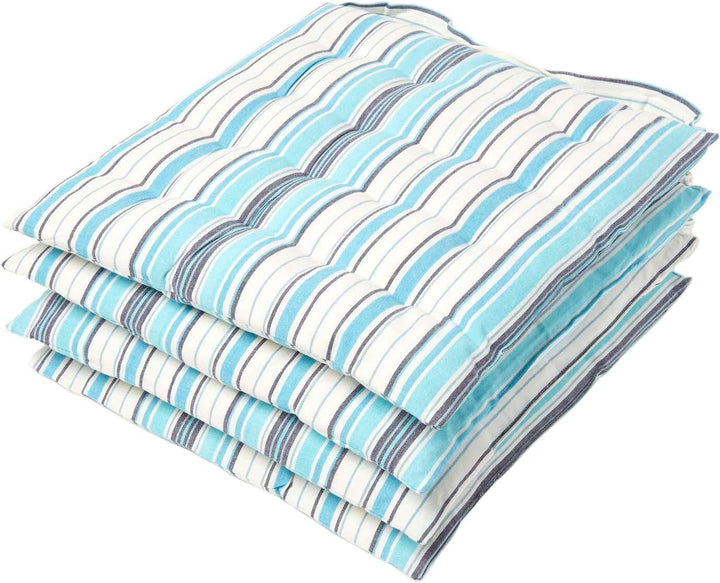 Homescapes gestreifte Stuhlkissen New England im 4er Set, Sitzkissen 40 x 40 cm, blau-weiss, mit Bän