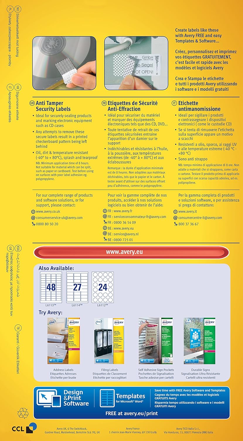 AVERY Zweckform Siegeletiketten Laser 27TV 63,5x29,6mm - Ref L6114-20 (540 Etiketten) 63.5 x 29.6, 6