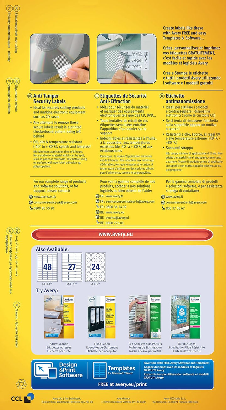 AVERY Zweckform Siegeletiketten Laser 27TV 63,5x29,6mm - Ref L6114-20 (540 Etiketten) 63.5 x 29.6, 6