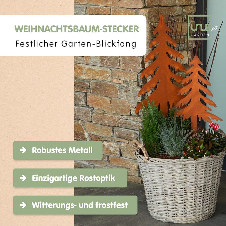 UNUS Gartenstecker Weihnachten Tannenbaum, 2er Set, Metallstecker Garten Rost, Gartendeko Rostoptik,