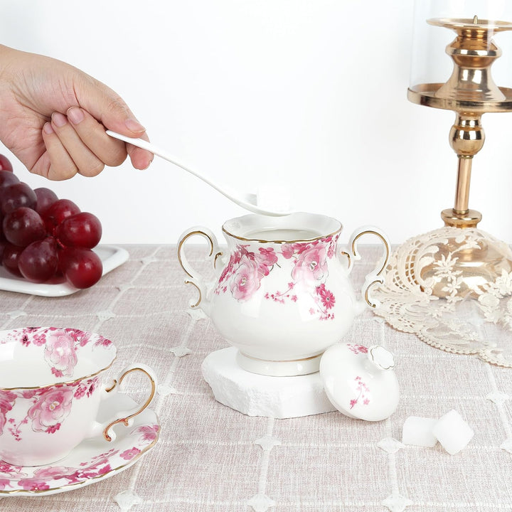 fanquare 21 Stück Rotes Lotus Porzellan Teeservice, Elegantes Blumen Kaffee Tasse und Untertasse Set