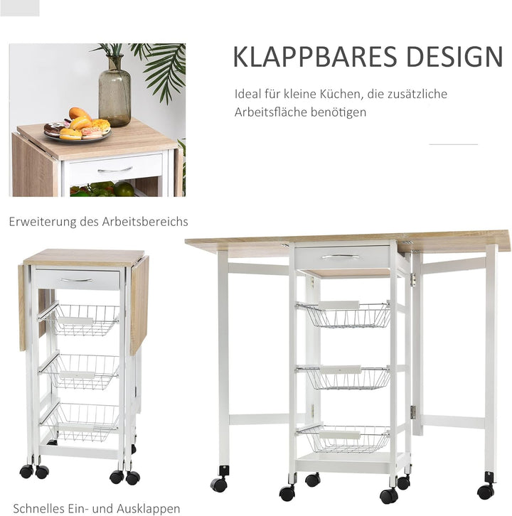 HOMCOM Küchenwagen faltbar Rollwagen Servierwagen Schublade mit 3 Körben 6 Universal-Rollen für Küch