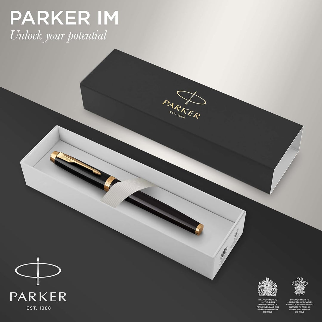 Parker IM Tintenroller | schwarze Lackierung mit Goldzierteilen | feine Spitze | Schwarz | Geschenkb