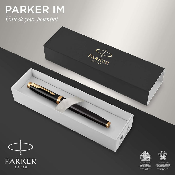 Parker IM Tintenroller | schwarze Lackierung mit Goldzierteilen | feine Spitze | Schwarz | Geschenkb