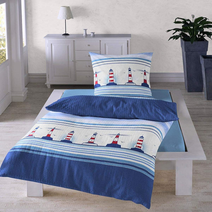 Traumschlaf Seersucker Bettwäsche Bügelfrei Set maritim sommerlich frisch im Leuchtturm Design mit R