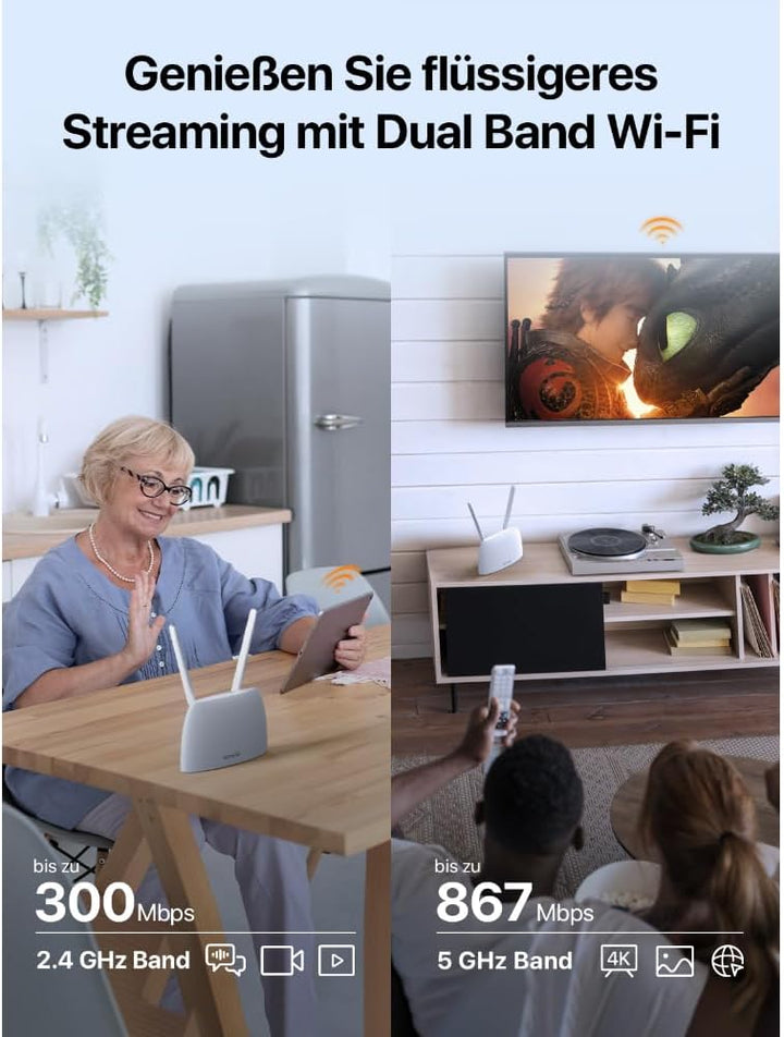 Tenda 4G07 4G LTE WLAN Router für SIM-Karten (CAT4, AC1200 Dualband 2,4GHz: 300Mbit/s + 5GHz: 867Mbi
