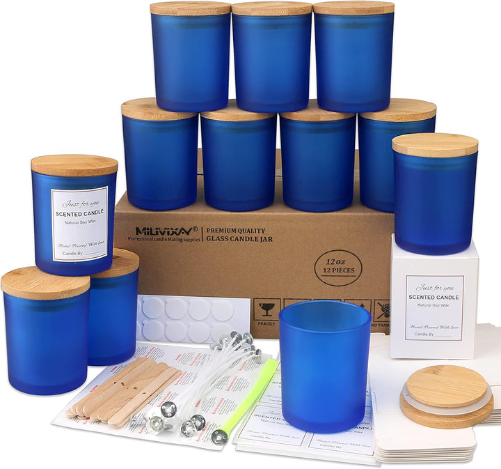 MILIVIXAY 12 Stück 340 ml Milchglas-Kerzengläser mit Deckel und Kerzenherstellungs-Sets – leere Kerz