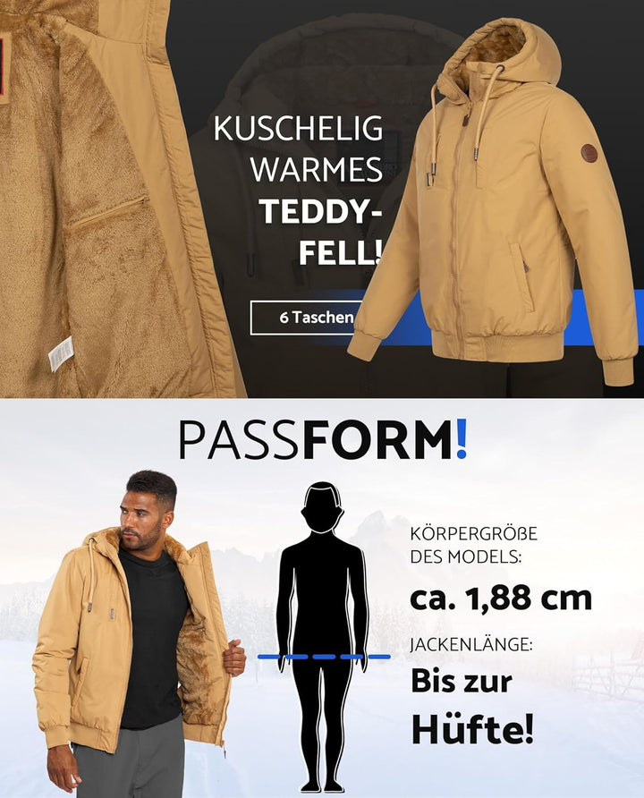 ALESSANDRO SALVARINI Herren Winterjacke (S-3XL) mit Kapuze - Teddyfleece innen komplett, Winddicht,