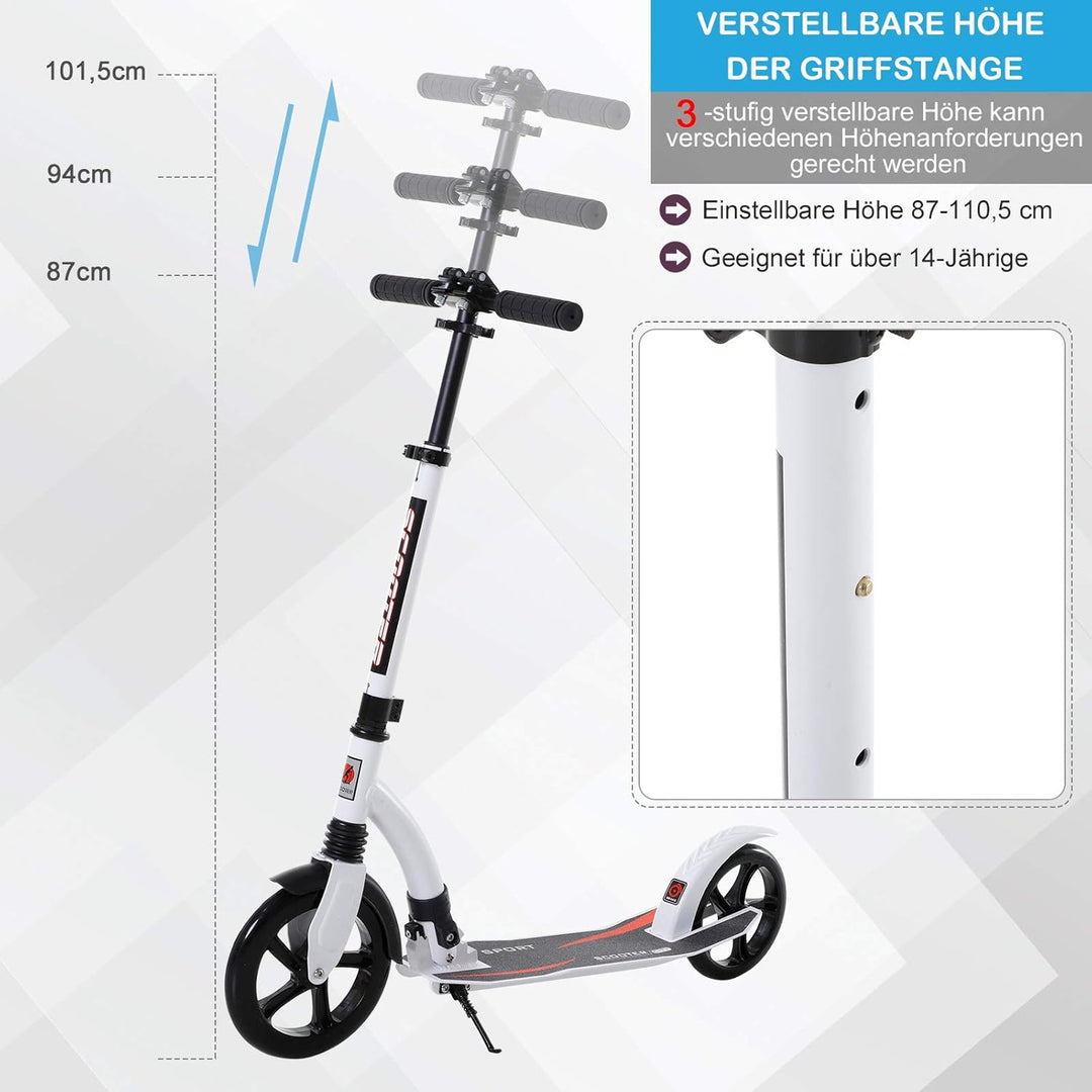 HOMCOM Kinderscooter, Kickscooter mit Stossdämpfung, Tretroller, Klappbar und Höheverstellbar, ab 14
