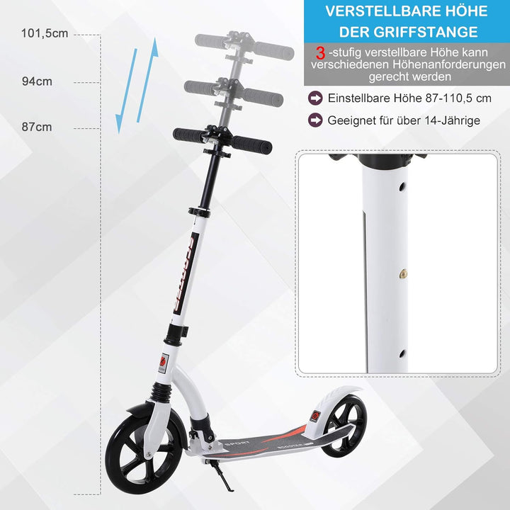 HOMCOM Kinderscooter, Kickscooter mit Stossdämpfung, Tretroller, Klappbar und Höheverstellbar, ab 14