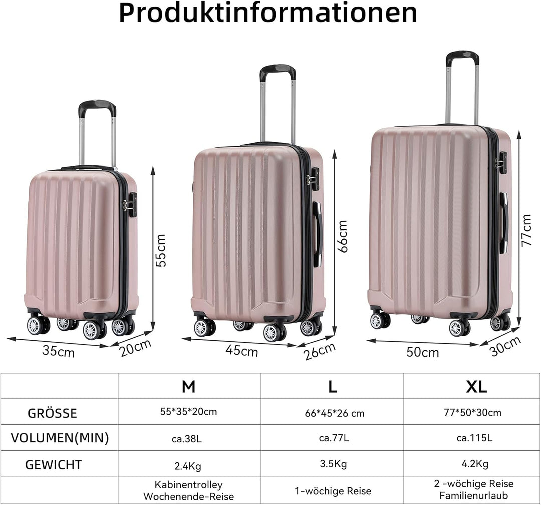 BEIBYE TSA-Schloss 2080 Zwillingsrollen 3 TLG. Reisekofferset Koffer Kofferset Trolley Trolleys Hart