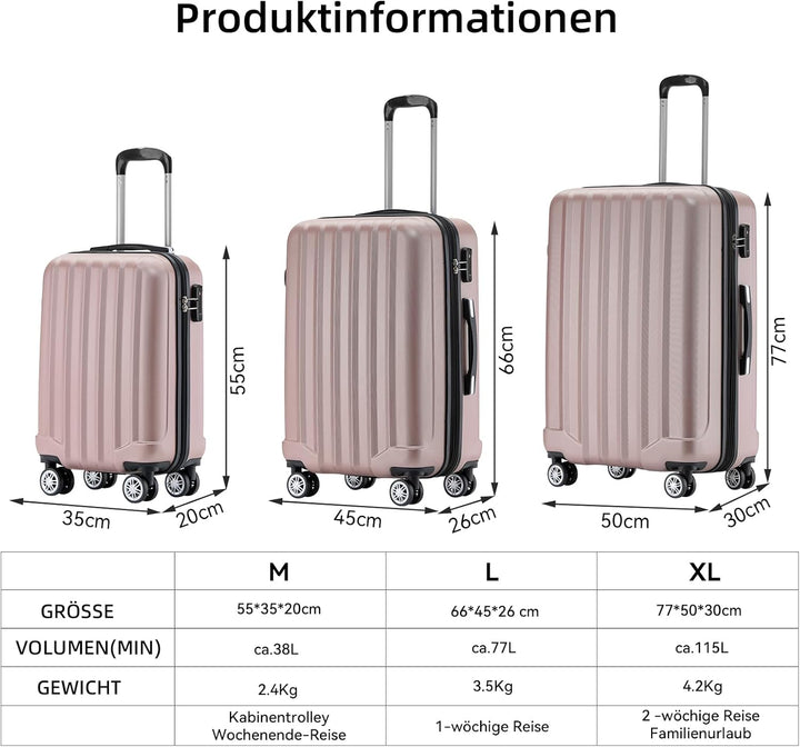 BEIBYE TSA-Schloss 2080 Zwillingsrollen 3 TLG. Reisekofferset Koffer Kofferset Trolley Trolleys Hart