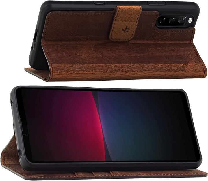 Suncase Book-Style Hülle kompatibel mit Sony Xperia 10 IV (2022) Leder Tasche (Slim-Fit) Lederhülle