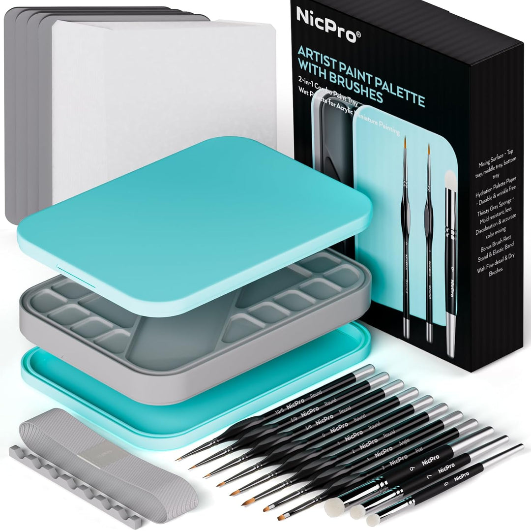 Nicpro Wet Palette und 11 Feine Pinsel, Dry Brush, 100 Nasspalettenpapier, 4 Schwämme, Pinselhalter,