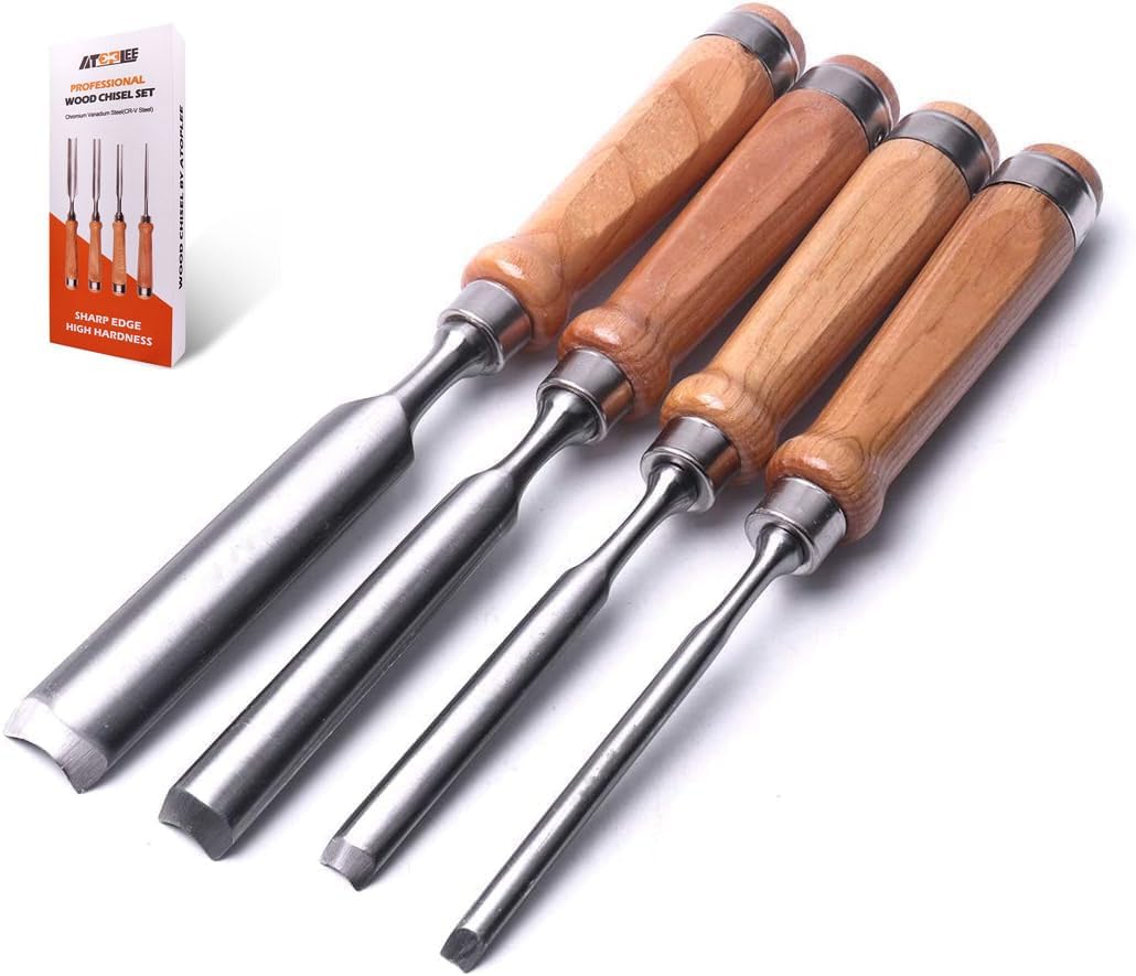 ATOPLEE 4 Stück Stechbeitel Set für Holz,Holz Meissel Werkzeug Schreiner Hohlbeitel CR-V Stahl halbk