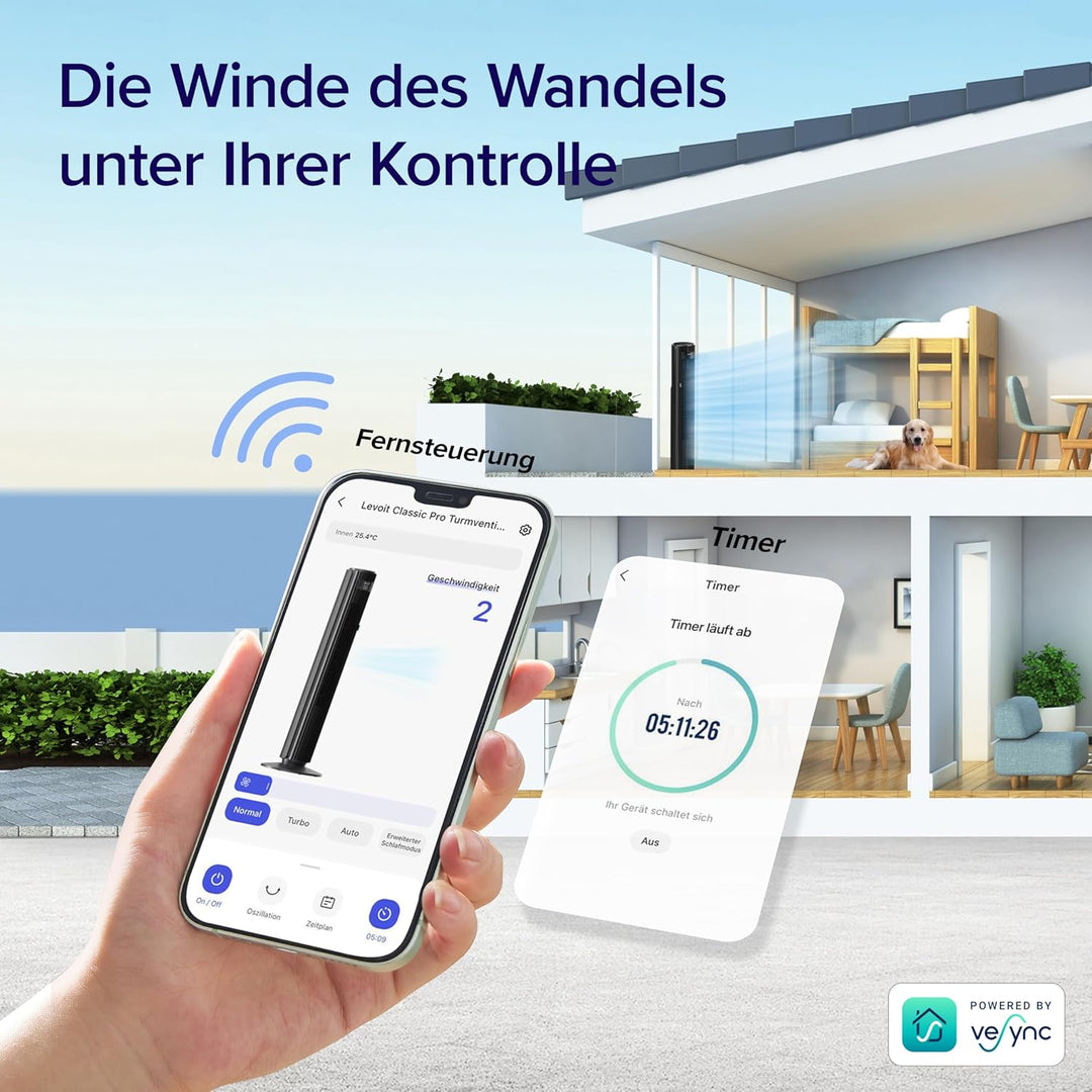 Levoit 25 dB sehr leiser Smart Turmventilator für Schlafzimmer, 7,9 m/s Ventilator, 90° Oszillation