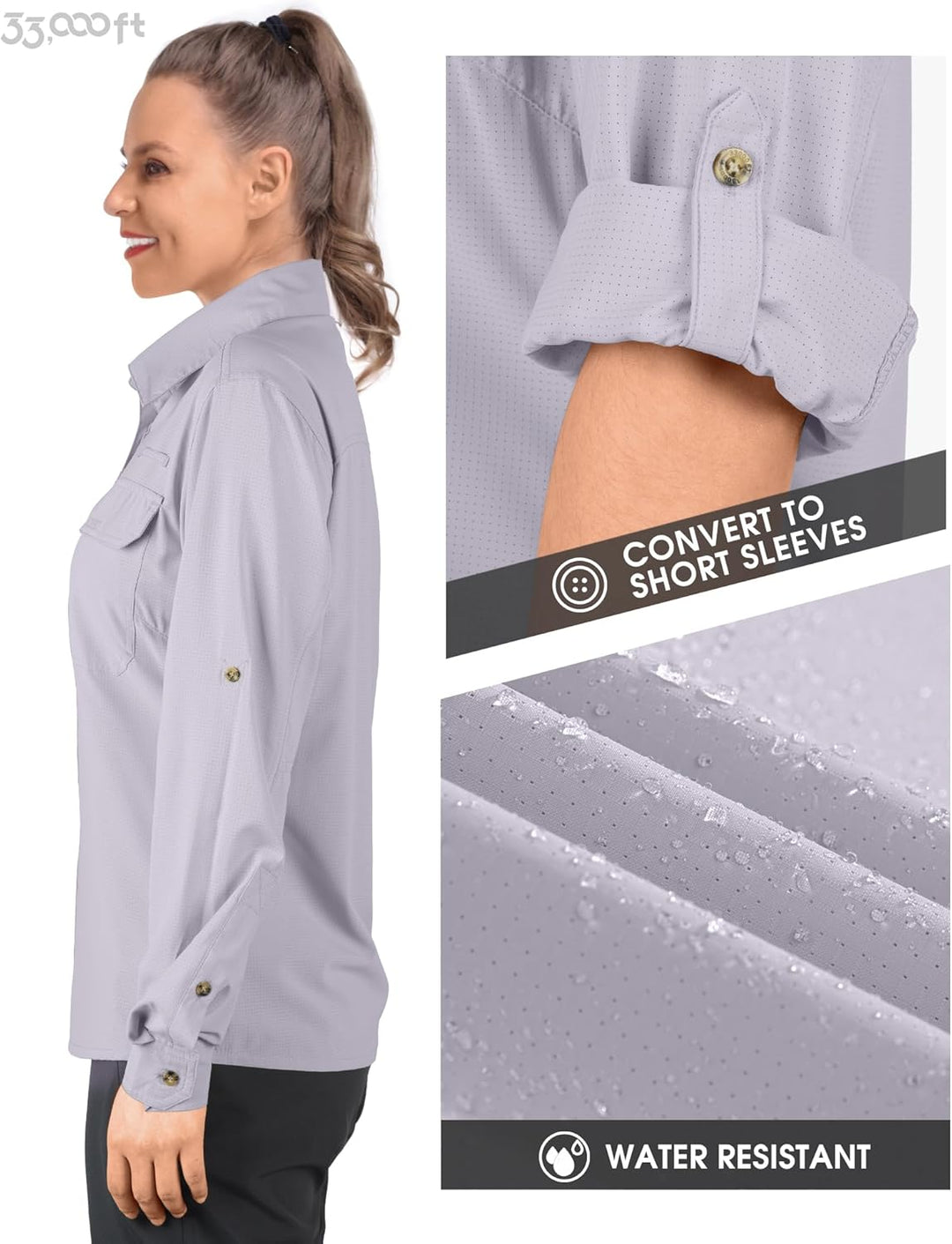 33,000ft Hemd Damen UPF50+ UV Schutz Outdoorhemd Schnelltrocknend Freizeithemd Langarm Funktionshemd