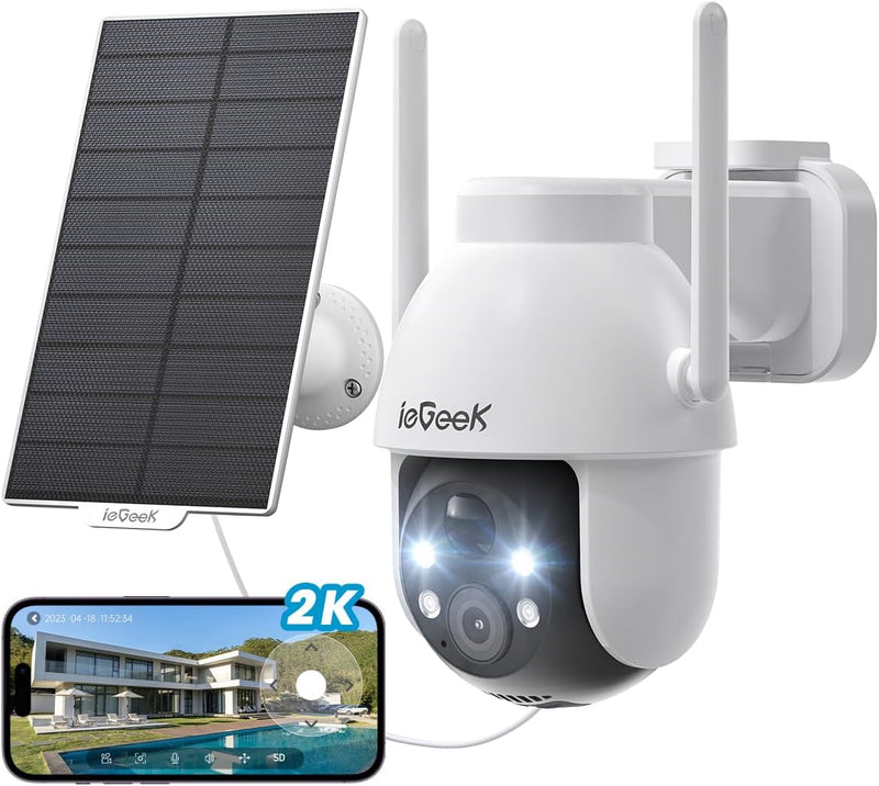 ieGeek 2K 3MP HD Überwachungskamera Aussen Solar, 360° PTZ Überwachungskamera Aussen Akku, 2.4GHz WL