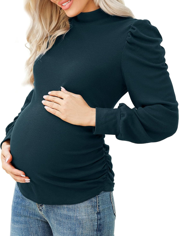 KOJOOIN Damen Umstandsshirt Langarm Umstandsbluse Rollkragen Umstandsmode mit Seite Geraffen Dunkelg