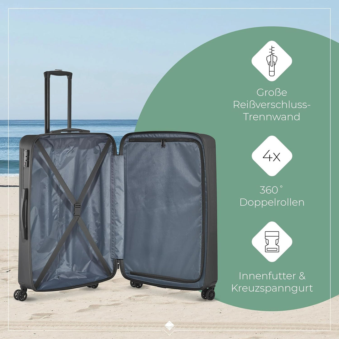 travelite 4-Rad Hartschalenkoffer gross 96 Liter, Gepäck Serie BALI: ABS Hartschalen Trolley mit TSA
