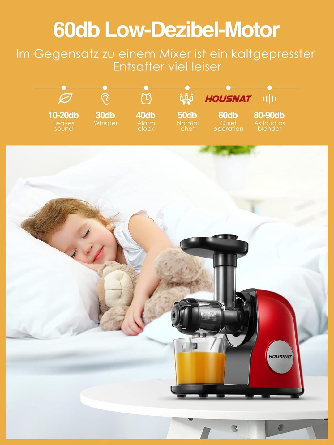 Slow Juicer Entsafter, HOUSNAT Entsafter GemĂŒse und Obst, Profi Entsafter mit Ruhigem Motor âUmkehrf