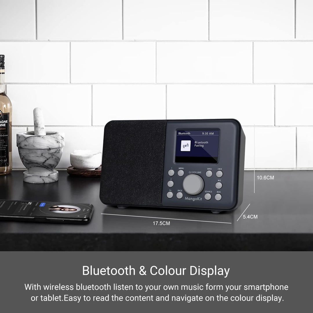 MangoKit MD3 DAB/DAB+ und UKW tragbares Digitalradio, Bluetooth-Lautsprecher, Kopfhörer, 40 voreinge