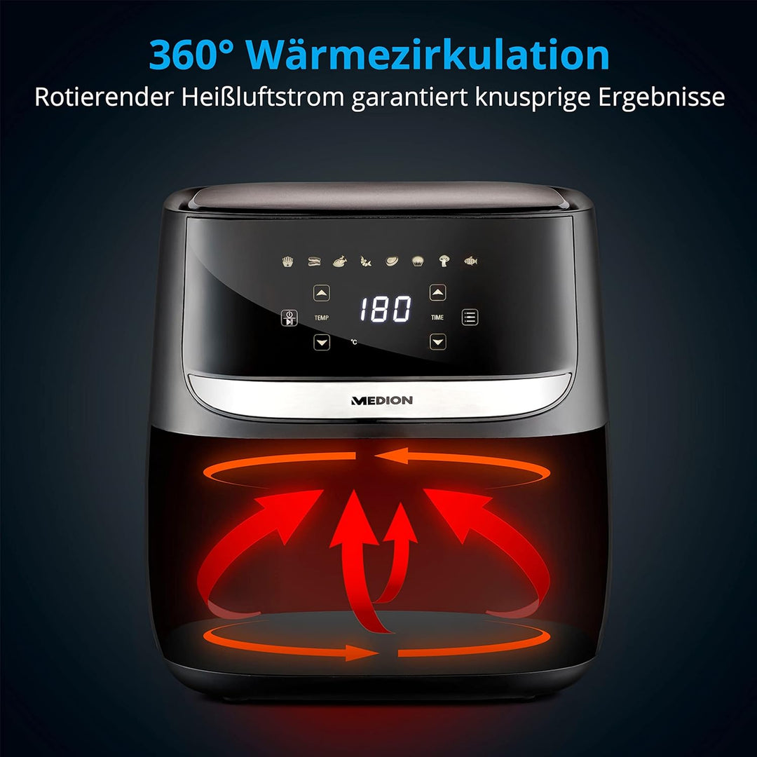 MEDION E50 XL Heissluftfritteuse (5,7 Liter Frittierkorb, ca. 1700 Watt, Digitales Bedienfeld, 8 Aut