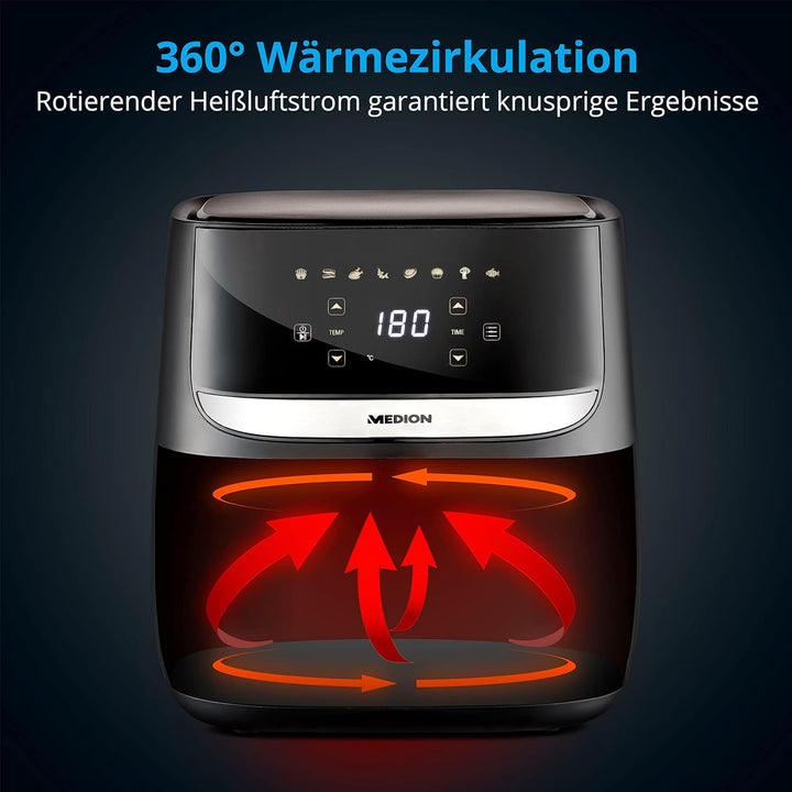 MEDION E50 XL Heissluftfritteuse (5,7 Liter Frittierkorb, ca. 1700 Watt, Digitales Bedienfeld, 8 Aut