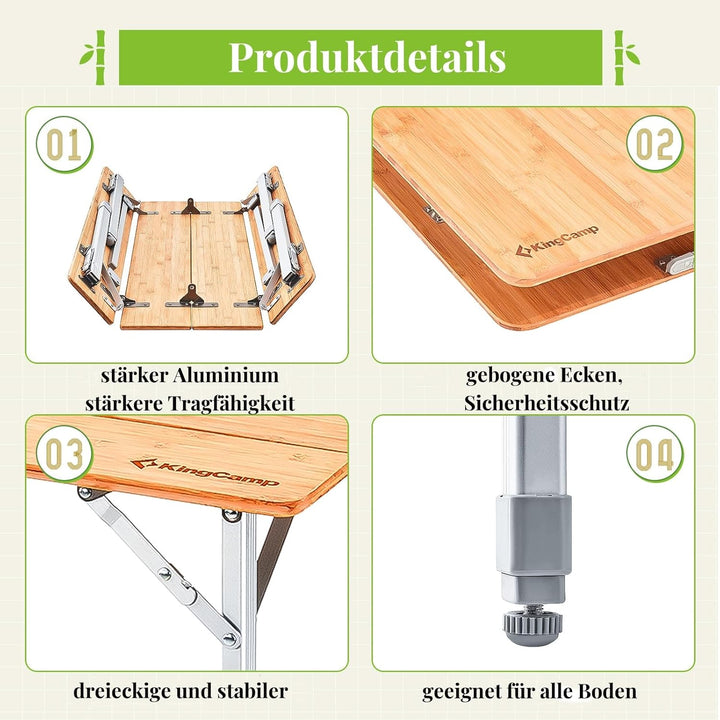 KingCamp Falten Bambus Campingtisch Klapptisch Verstellbare Höhe Aluminiumrahmen für Outdoor Camping