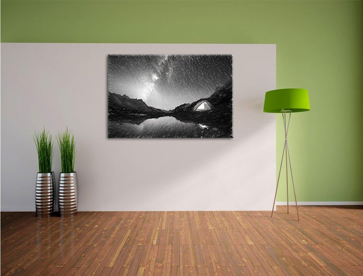 Pixxprint Zelten unter tausenden Sternen / 100x70cm Leinwandbild bespannt auf Holzrahmen/Wandbild Ku