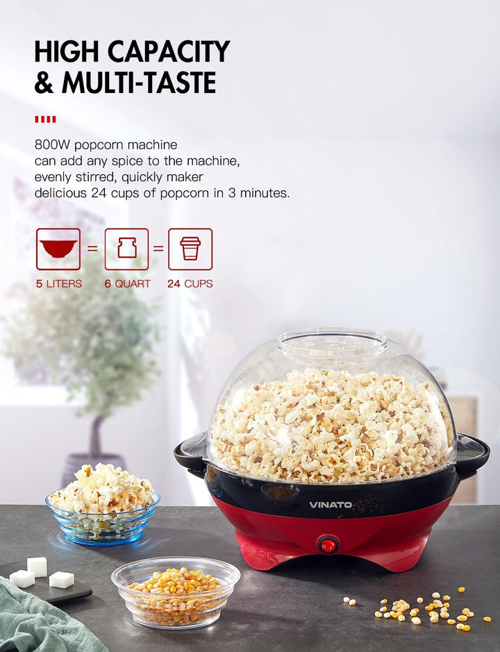 VINATO Popcornmaschine, Popcorn Maschine mit Zucker, Öl, Butter, 5L Popcornmaschine Gross für Zuhaus