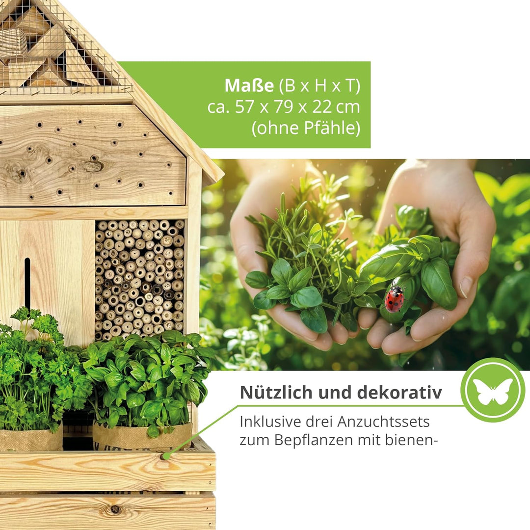 GARTENETAGE Stehendes Insektenhotel XXL mit Pflanzenoase Kräuterparadies - inkl. Anzuchtset/Naturbel