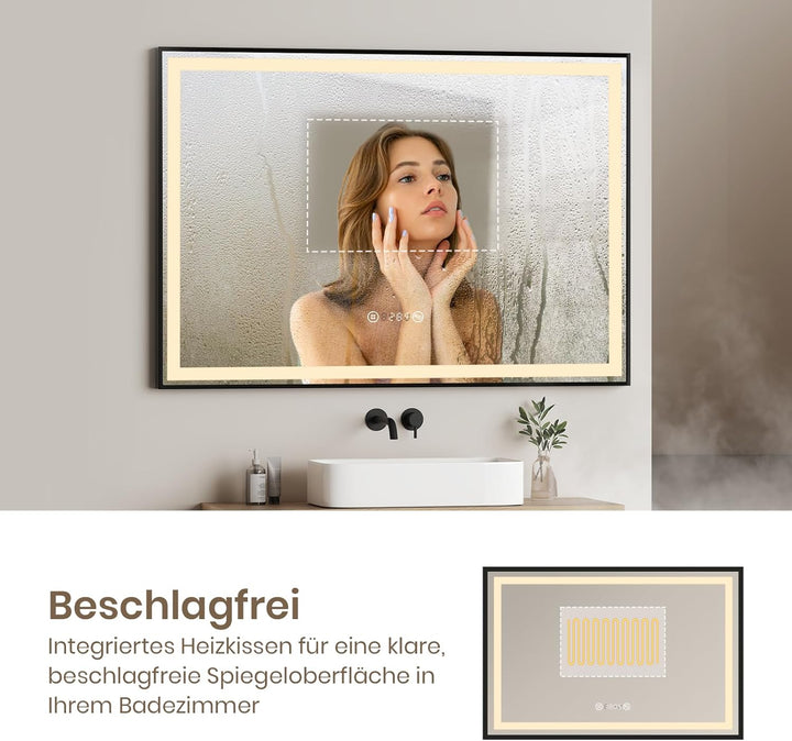 EMKE Badspiegel mit Beleuchtung 100x70cm, schwarzer Badezimmerspiegel mit Touch, Dimmbar, Antibeschl