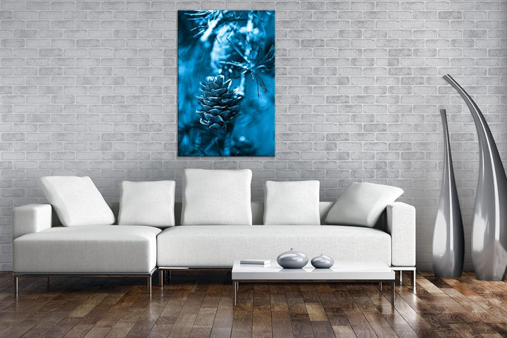 deyoli Tannenzapfen am Ast Format 80x60 Effekt: Monocrome Blau als Leinwandbild, Motiv fertig gerahm