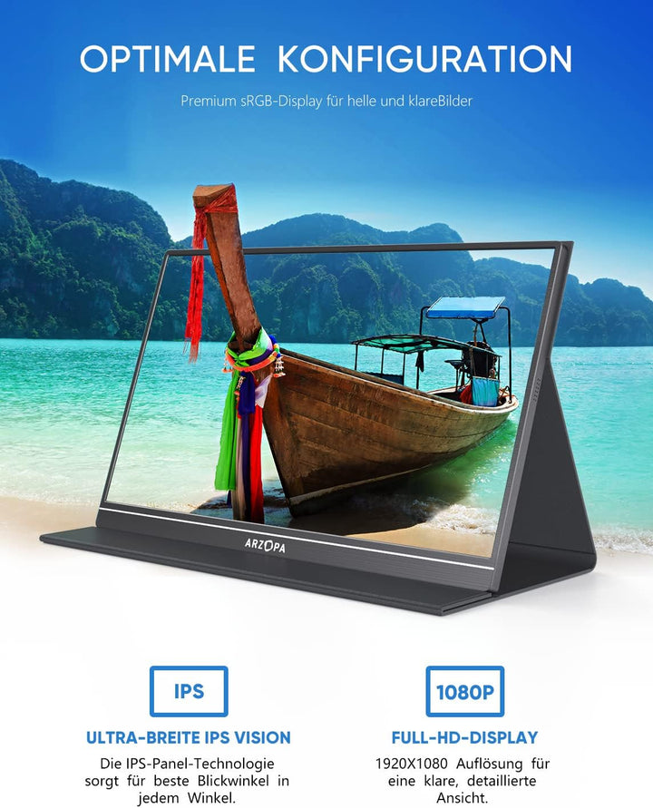 ARZOPA Portable Monitor, 15.6 Zoll Tragbarer Monitor, 1920x1080 Full HD, 100% SRGB IPS Externer Mobi