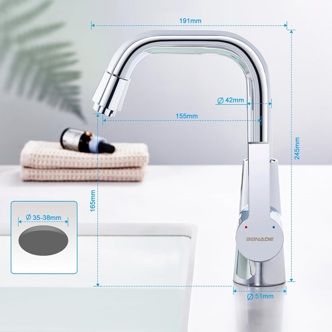 BONADE Wasserhahn Bad, Waschtischarmatur 360° Drehbar, Waschbecken Armaturen Messing Chrom, Mischbat