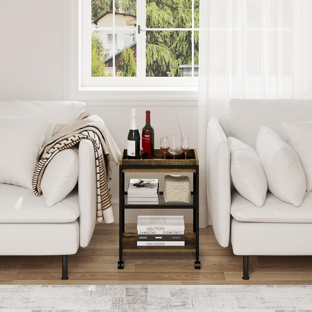 WOLTU Beistelltisch Couchtisch Sofatisch Nachttisch, mit Rollen, feststellbar, 3 Ablagen 1 abnehmbar