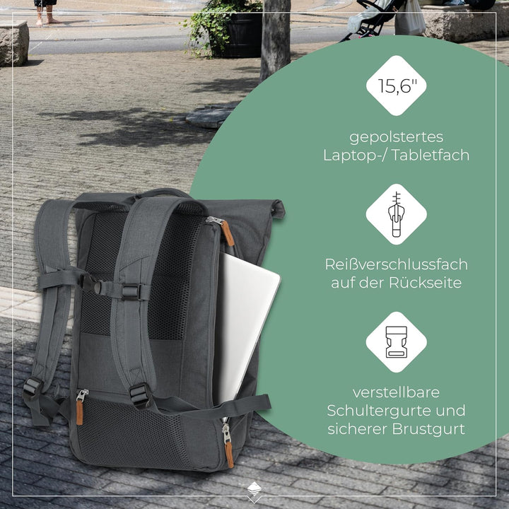 Travelite Handgepäck Rucksack, Laptop Rucksack 15,6 Zoll, BASICS, Reiserucksack Rolltop Funktion, 60
