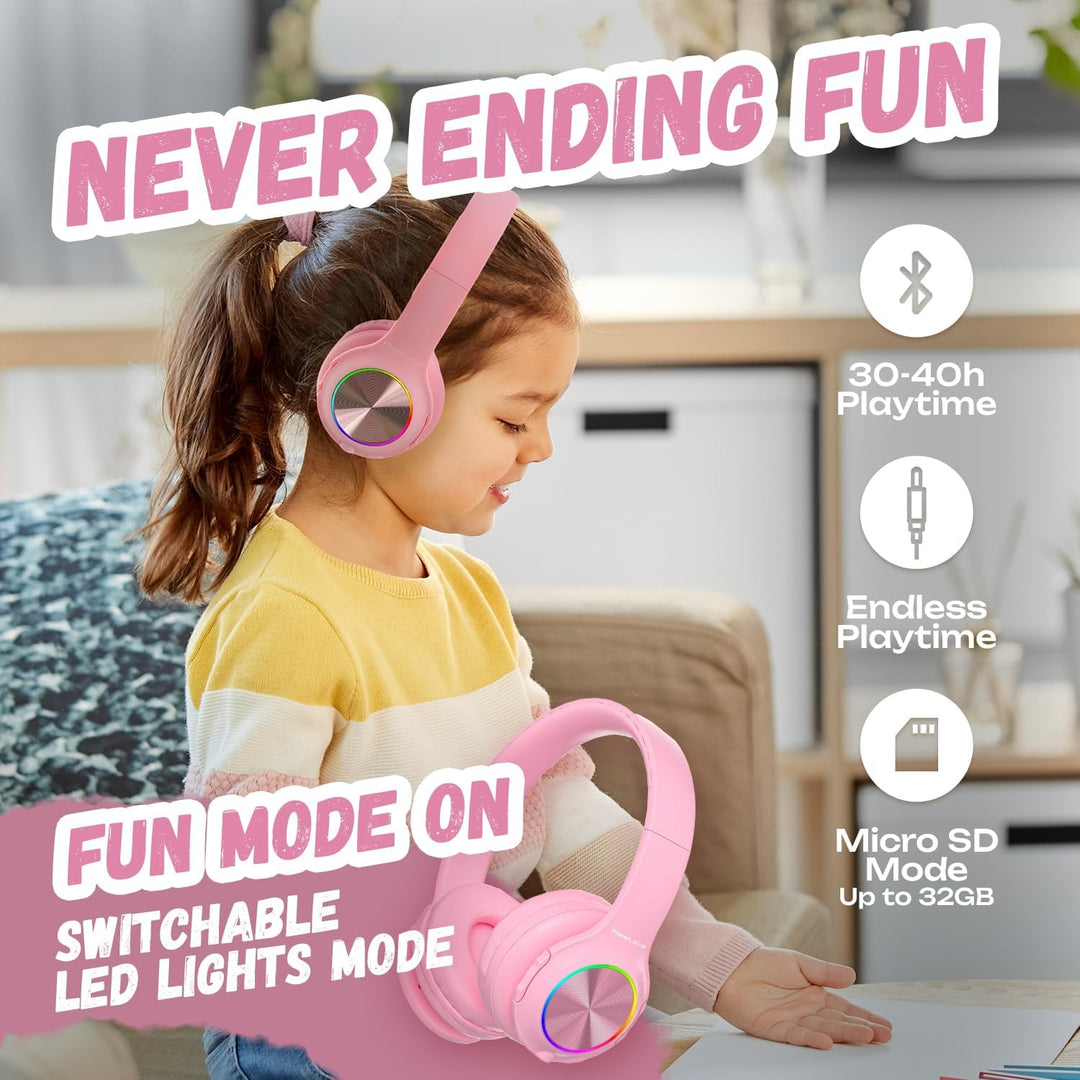 PowerLocus Kinderkopfhörer Bluetooth, Kinder Kopfhörer Kabellos mit LED-Leuchten und 94DB Lautstärke