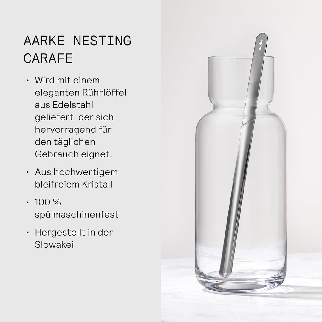 AARKE Nesting Carafe, Kristallglaskaraffe (1,1 Liter) + Edelstahl-Barlöffel, Karaffe