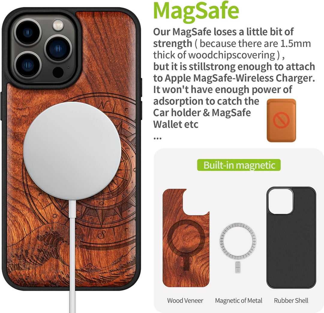 Carveit Handyhülle für iPhone 14 Pro Max Holz Cover kompatibel mit MagSafe Massivholz für Apple 14 p