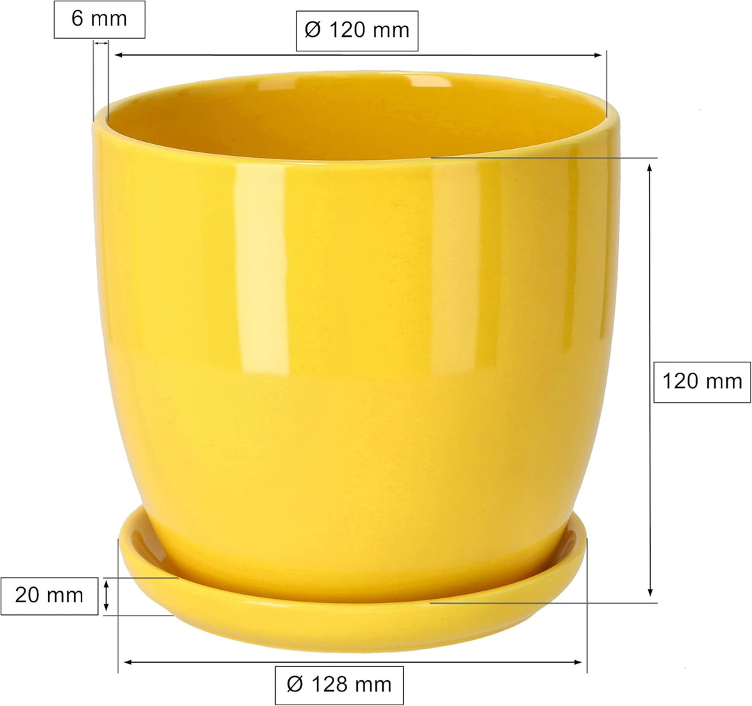 KOTARBAU® 2er Set Keramik Blumentopf Übertopf für Blumen Pflanzen ⌀ 13 cm mit Tropfschale Gelb