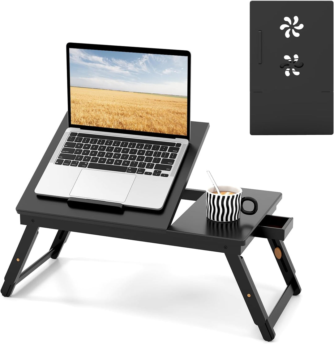 COSTWAY Bambus Laptoptisch klappbar, Notebooktisch höhenverstellbar & neigbar & belüftet, Lapdesk mi
