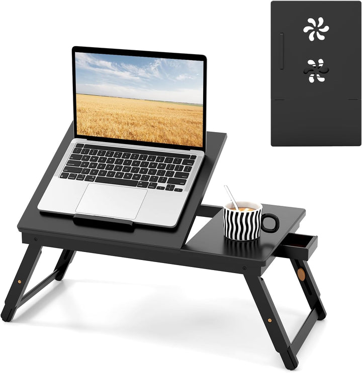 COSTWAY Bambus Laptoptisch klappbar, Notebooktisch höhenverstellbar & neigbar & belüftet, Lapdesk mi
