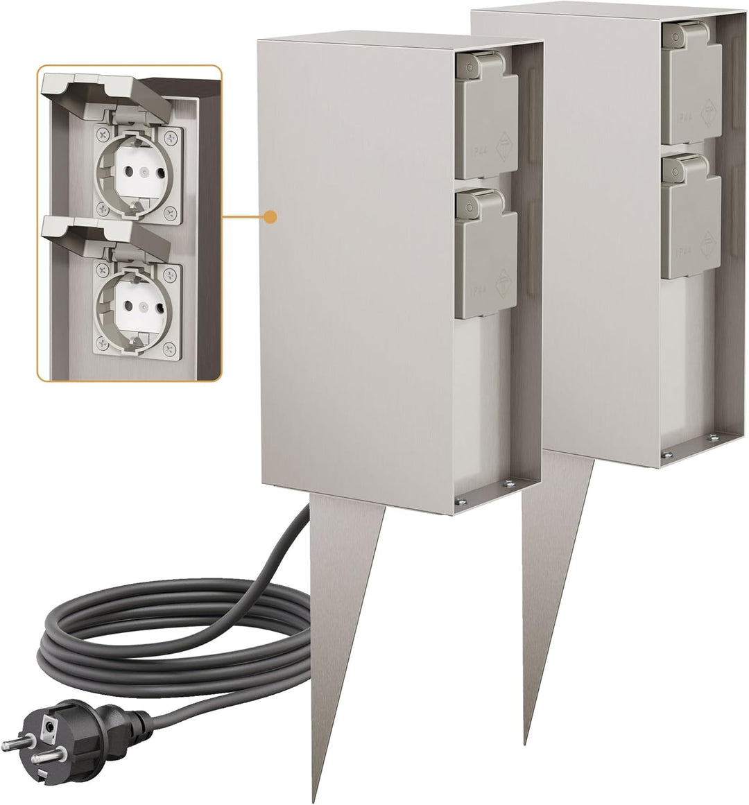 ledscom.de 2x Garten-Steckdosen-Säule POMI mit Erdspiess und 2m Kabel für aussen, IP44, 4-fach, edel
