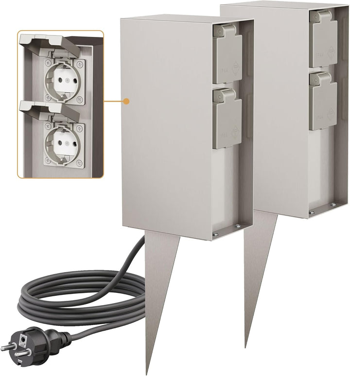 ledscom.de 2x Garten-Steckdosen-Säule POMI mit Erdspiess und 2m Kabel für aussen, IP44, 4-fach, edel