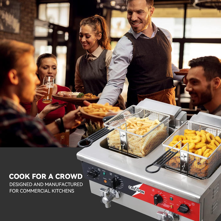 CROSSON Elektrische Fritteuse mit zwei Tanks, Abfluss, festem Korb und Deckel für den Restaurant- un