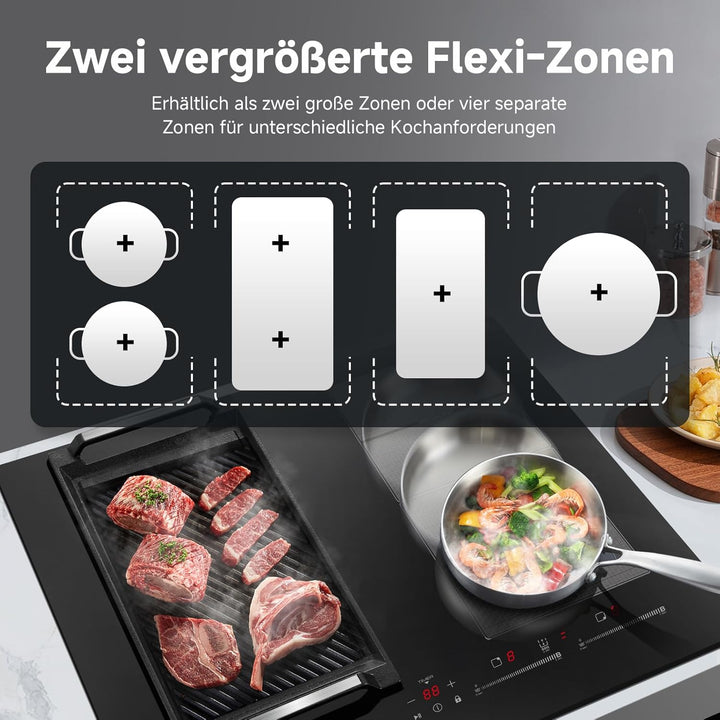 AMZCHEF Induktionskochfeld 60cm mit 2 Flexzonen, 4 Zonen Induktionskochplatte mit leisem Betrieb, 9