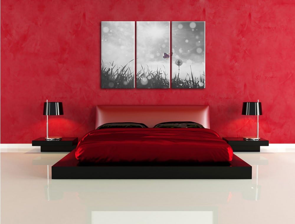Pixxprint zarter Schmetterling fliegt zu Pusteblume B&W Detail 3-Teiler Leinwandbild 120x80 Bild auf