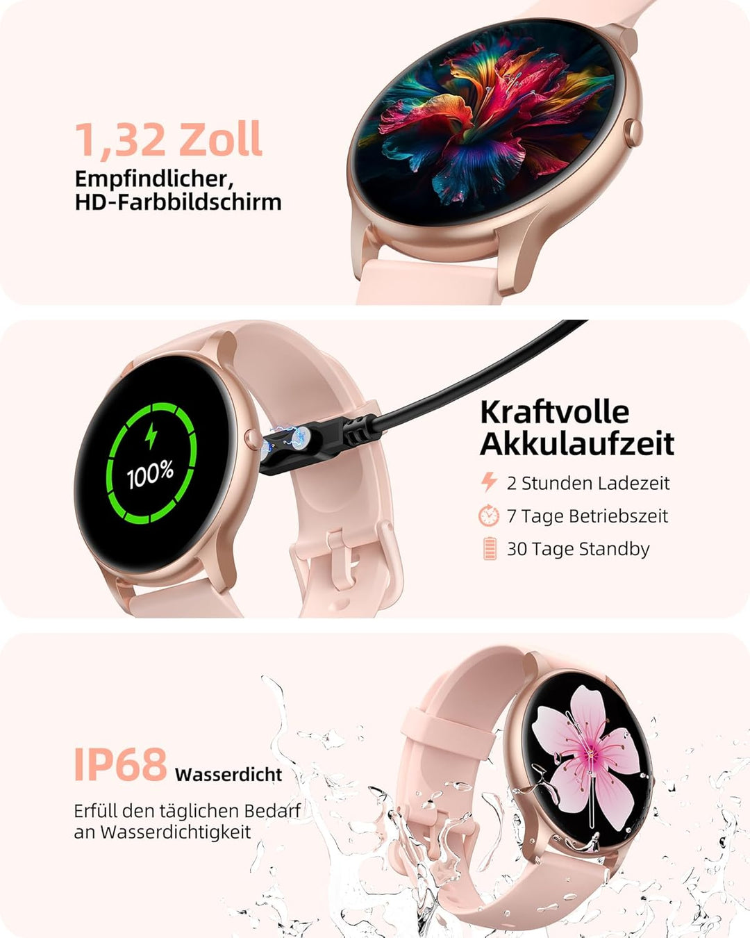 Parsonver Smartwatch Damen mit Telefonfunktion, Fitness-Tracker mit Herzfrequenz Schlafmonitor, 1.32